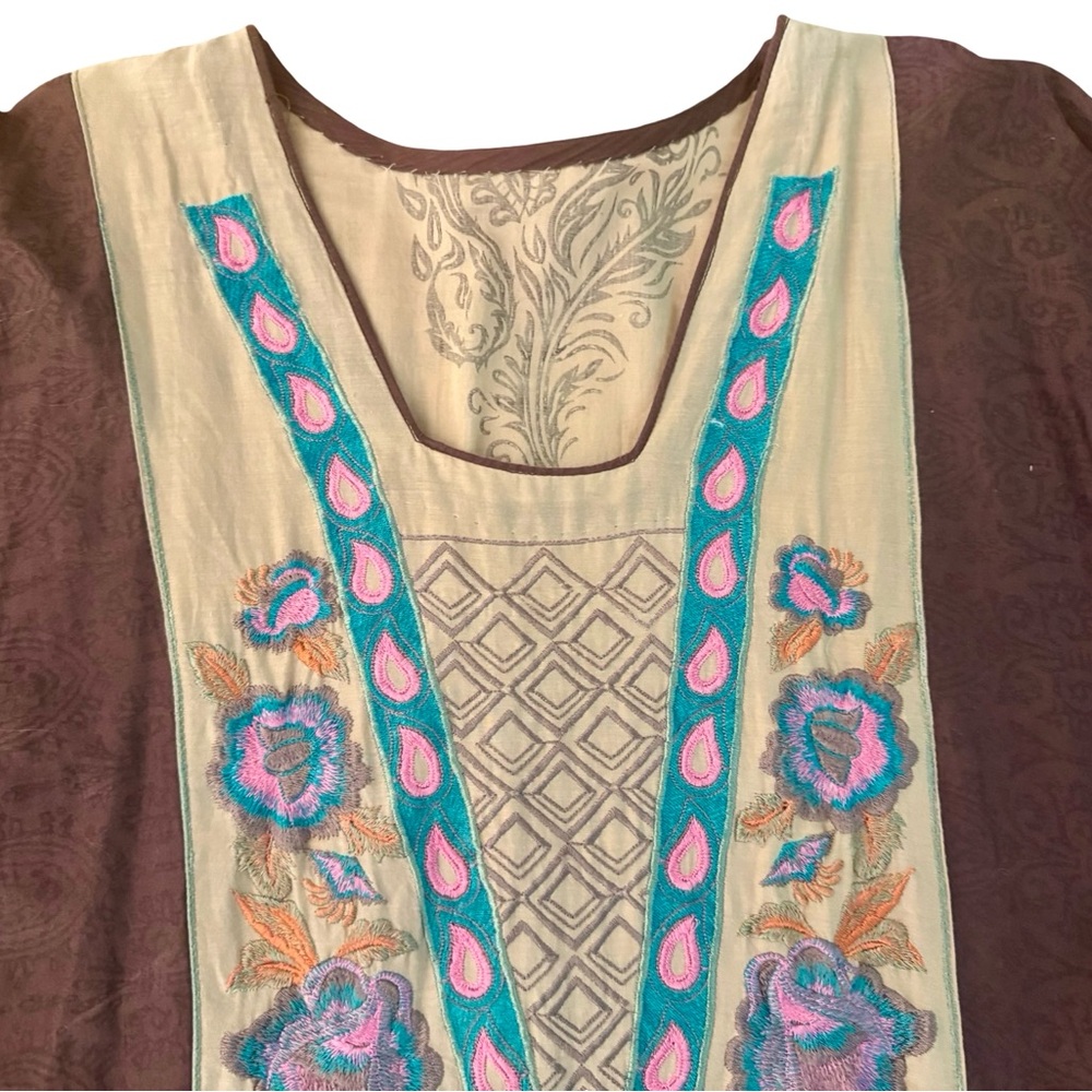 Vintage Brown & Cream Embroidered Kaftan Kurta Maxi Dress with Blue & Pink XL - Picture 2 of 8